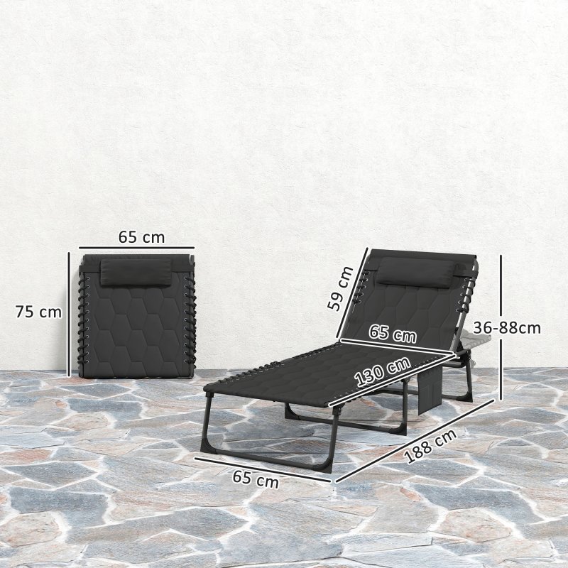 Outsunny 2 Piece Foldable Sun Lounger Set with 5-level Reclining Back, Outdoor Tanning Chairs Sun Loungers with Build-in Padded Seat, Side Pocket, Headrest for Beach, Patio, Black