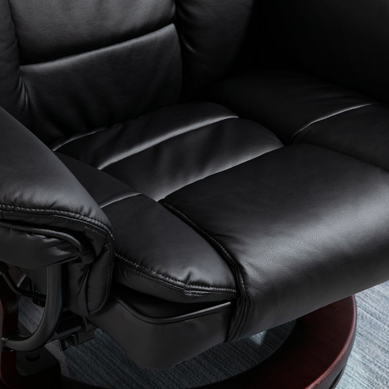 HOMCOM Recliner Chair With footstool, Recliner Armchair up to 130kg Weight Capacity, 135 Reclining Swivel Sofa Chair, PU Leather Ergonomic Couch Bed with Swivel Wood Base for Living Room, Black