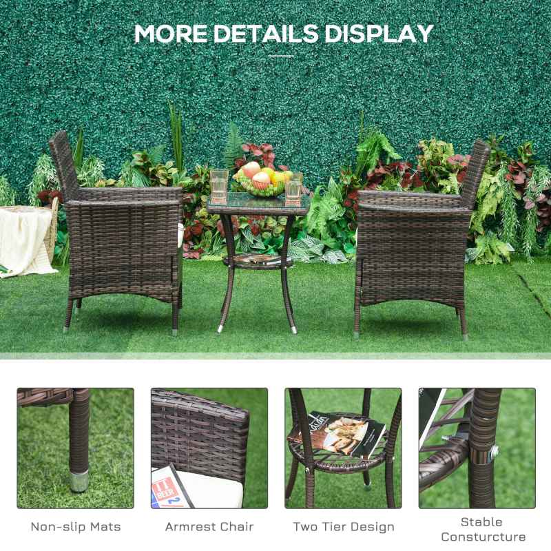 Outsunny 3 Pieces Rattan Bistro Set, Wicker Garden Furniture Set with 2-Tier Coffee Table and Chairs, Cushions, for Outdoor Patio Balcony, Brown