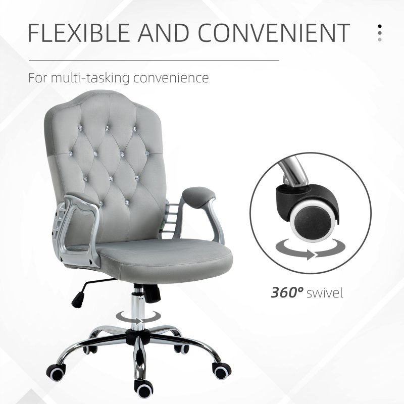 Vinsetto Home Office Chair, Velvet Computer Chair, Button Tufted Backrest with Swivel Wheels, Adjustable Height and Tilt Function, Grey