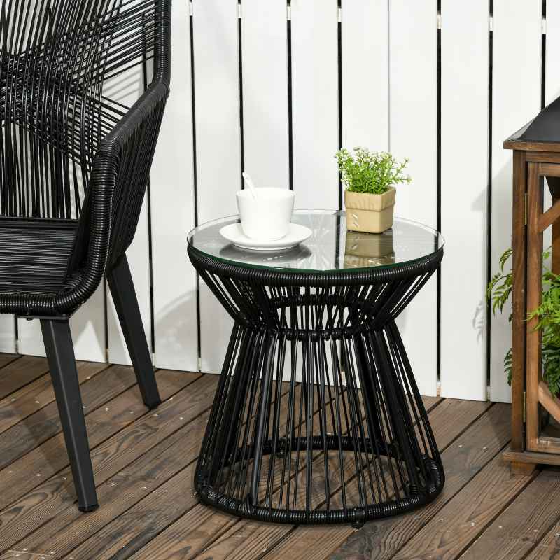 Outsunny Outdoor Coffee Table, Round PE Rattan Side Table with Tempered Glass Table Top, Hollow Drum Design for Garden, Balcony, Patio, Black
