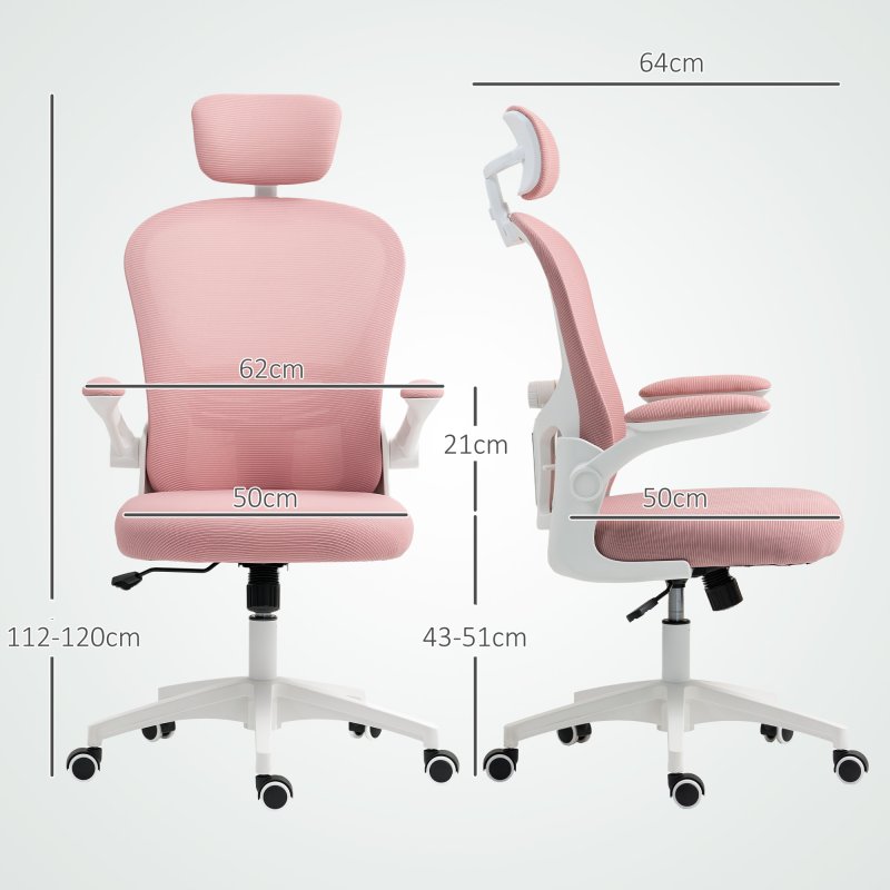 Vinsetto High Back Office Chair, Mesh Computer Desk Chair with Rotatable Headrest, 4D Lumbar Support, Flip-up Arm, Adjustable Height, Pink