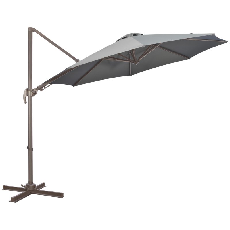 Outsunny 3(m) Cantilever Parasol 360 Rotation Roma Umbrella Hanging Sun Shade with Aluminium Frame, Tilt Crank, 8 Ribs and Cross Base, Dark Grey