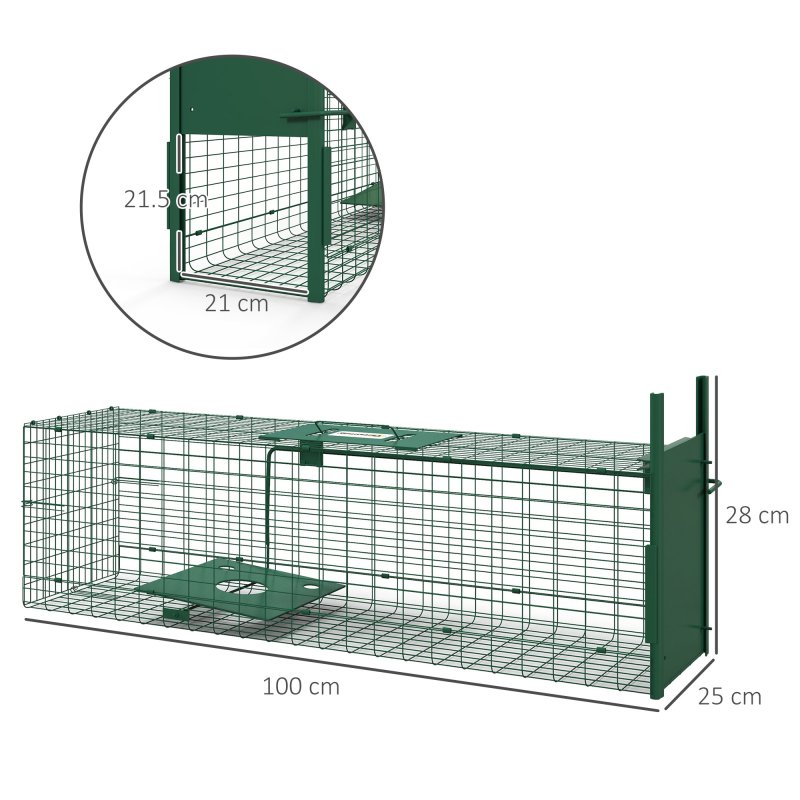 Outsunny Single Door Humane Rat Trap for Small Animals, Metal Outdoor and Indoor Squirrel Trap for Mice, Cats, Rabbits, 100 X 25 X 28cm, Dark Green