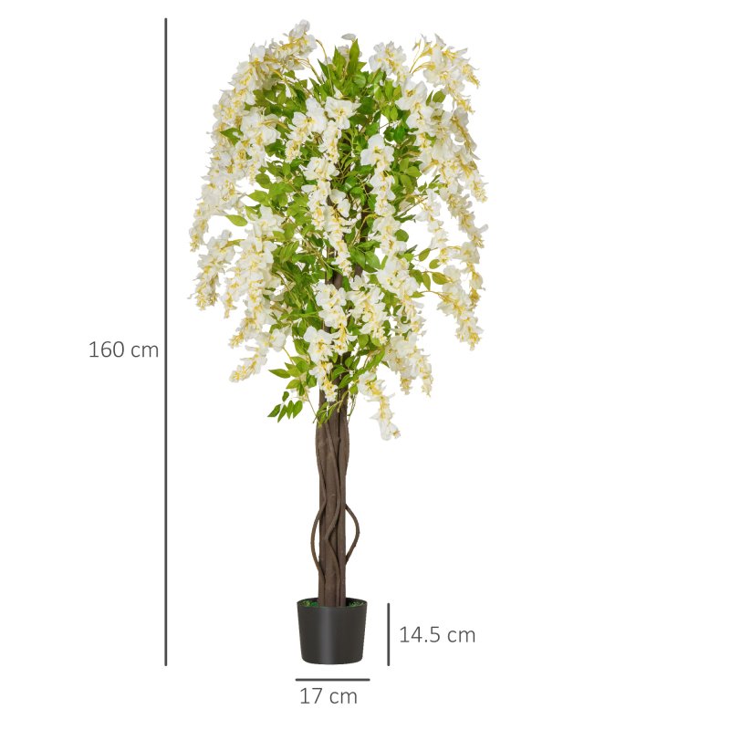 HOMCOM Artificial Realistic White Wisteria Tree Faux Decorative Plant in Nursery Pot for Indoor Outdoor D??cor, 160cm