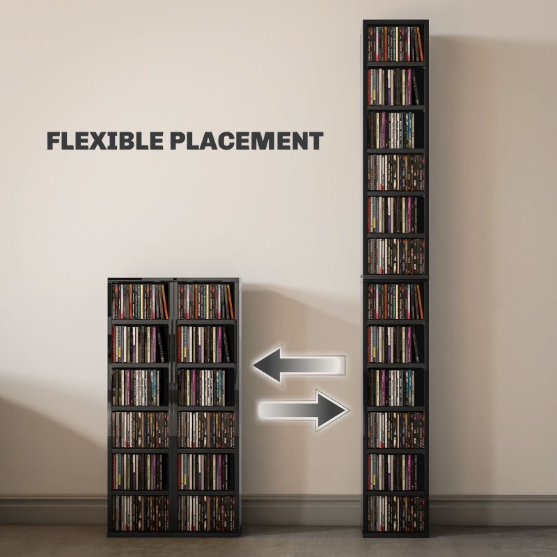 HOMCOM 204 CD Media Display Shelf Unit Set of 2 Blu-Ray Tower Rack w/ Adjustable Shelves Bookcase Storage Organiser, High Gloss Black