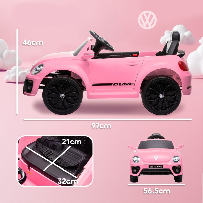 AIYAPLAY Volkswagen Beetle Licensed Ride on Car, 12V Kids Electric Car with Remote Control, 4 Spring Suspension Wheels, Soft Start, Headlights, FM Radio, Music, Horn, Pink