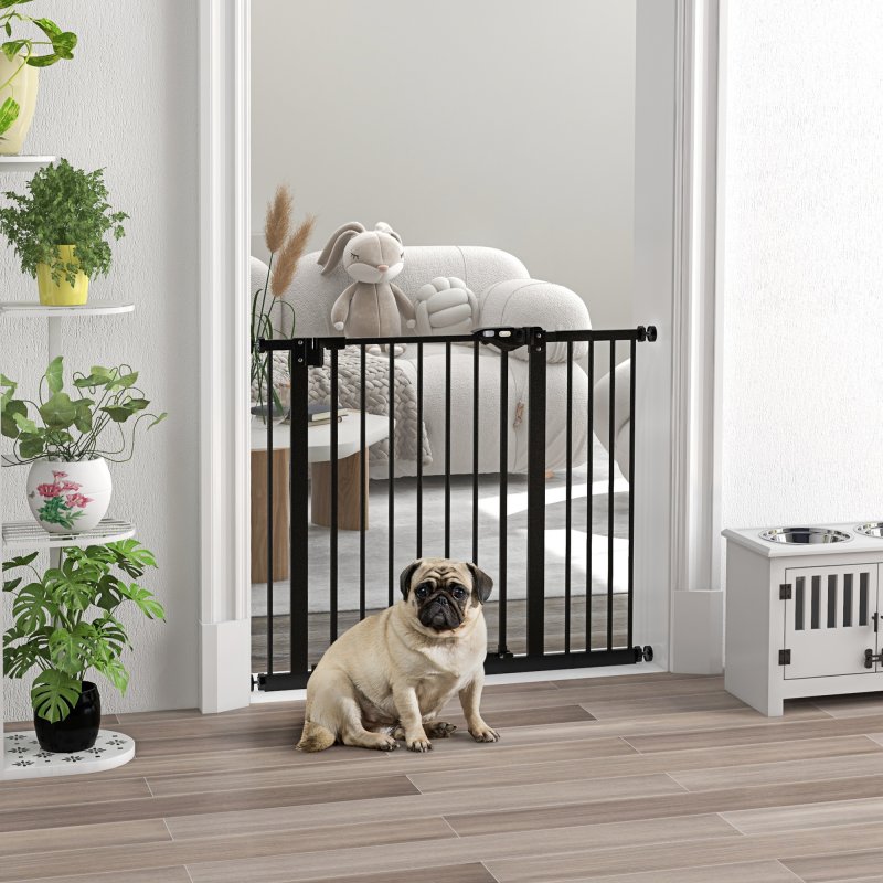 PawHut Dog Gate Stair Gate Pressure Fit Pets Barrier Auto Close for Doorway Hallway, 74-94cm Wide Adjustable, Black