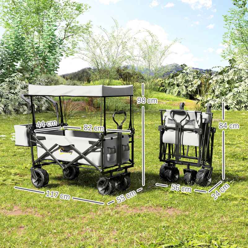 Outsunny 120L Festival Trolley on Wheels, Folding Camping Trolley Cart with Removable Canopy, All-Terrain Wheels, Adjustable Handle and Side Pockets for Garden Beach Fishing Shopping, Grey