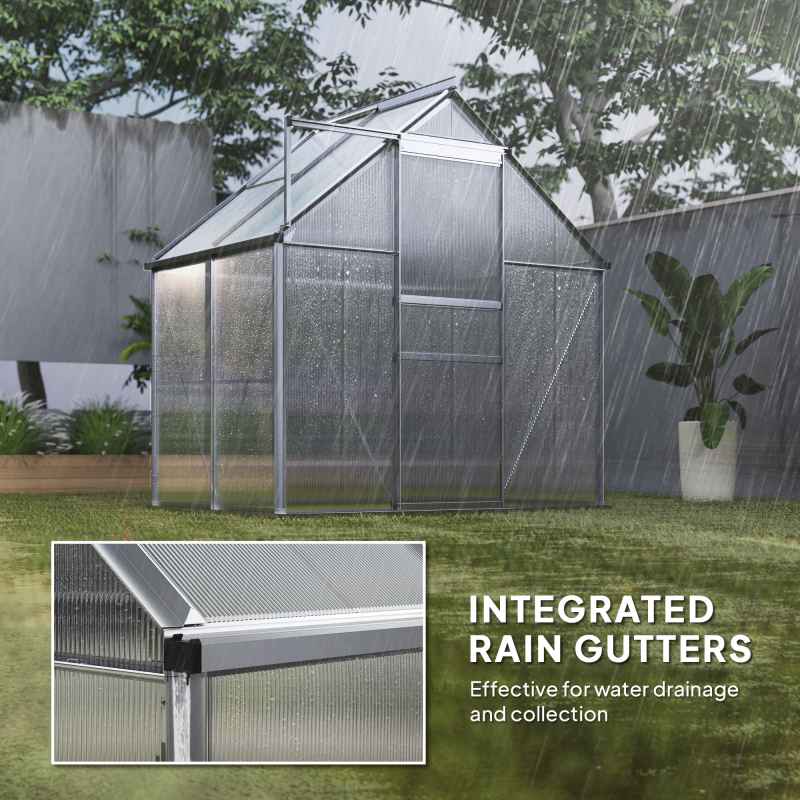 Outsunny Polycarbonate Greenhouse, Small Greenhouse with Adjustable Roof Vent, Garden Green House with Galvanised Base, Sliding Door and Rain Gutter,  192.5 x 131 x 200 cm, Silver Tone