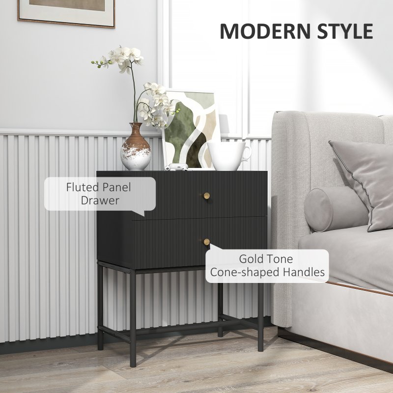 HOMCOM Bedside Table with 2 Drawers, Modern Bedside Cabinet with Storage and Metal Legs for Bedroom, Living Room, Black