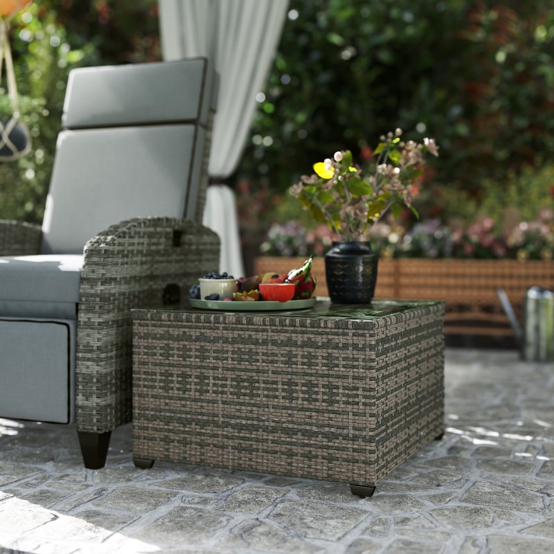 Outsunny Outdoor Coffee Table, PE Rattan Side Table with Tempered Glass Top, Wicker Square Garden Coffee Table End Table with Steel Frame for Patio, Balcony, 60 x 62 x 38cm, Light Grey