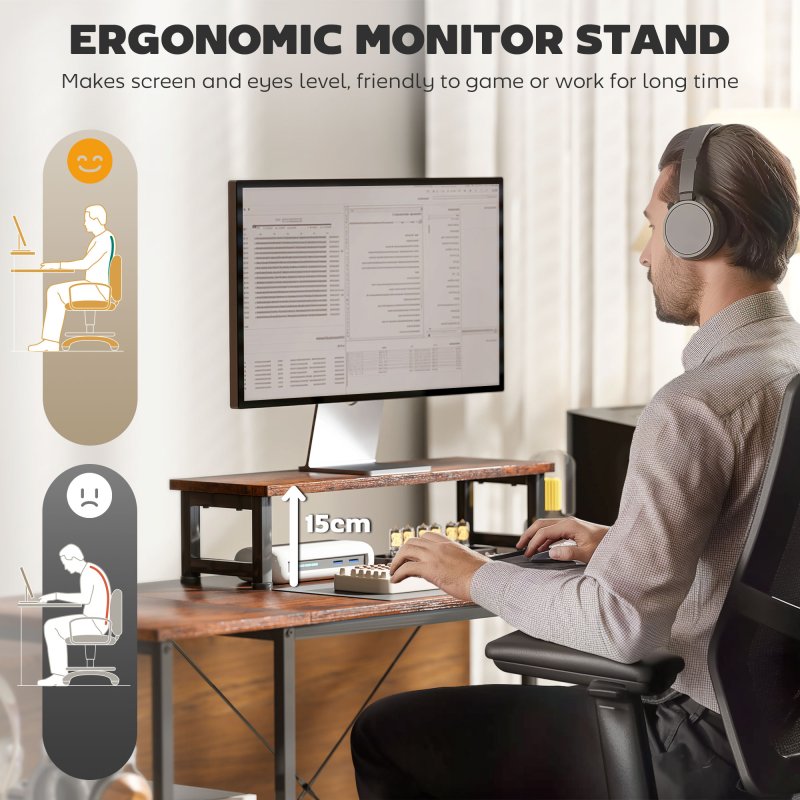 HOMCOM 168cm Reversible L Shaped Desk, Industrial Corner Computer Desk with Adjustable Shelf and Storage Bag, 240cm 2 Person Desk with Monitor Stand, Rustic Brown