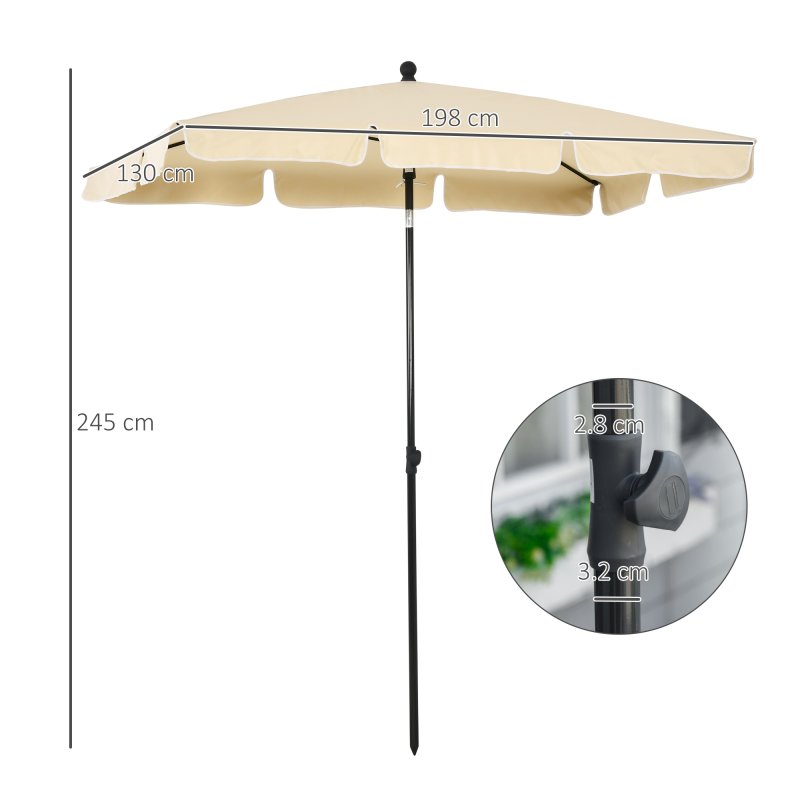 Outsunny 2 x 1.3m Garden Parasol Umbrella, Outdoor Market Table Umbrella with Ruffles & Aluminium Pole, Rectangular Tilting Parasol Sun Shade Canopy, Beige
