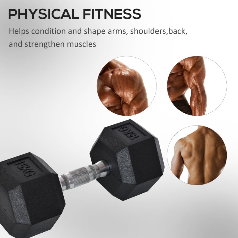 HOMCOM 15KG Single Rubber Hex Dumbbell Portable Hand Weights Dumbbell for Home Gym Workout Fitness
