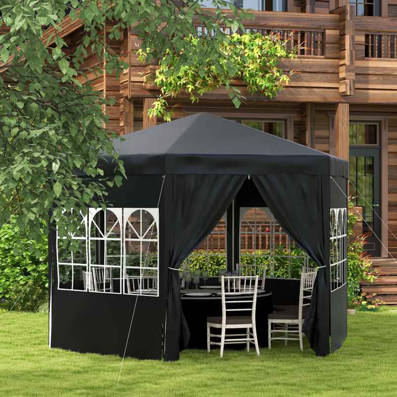 Outsunny 4m Hexagonal Gazebo Canopy Party Tent with 6 Removable Side Walls for Outdoor Event with Windows and Doors, Black