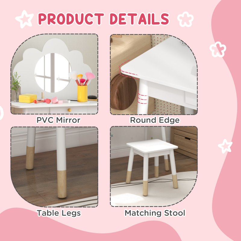 AIYAPLAY Kids Dressing Table with Mirror, Stool, Kids Vanity Table with Cloud Design, Drawer, for Ages 3-6 Years, White
