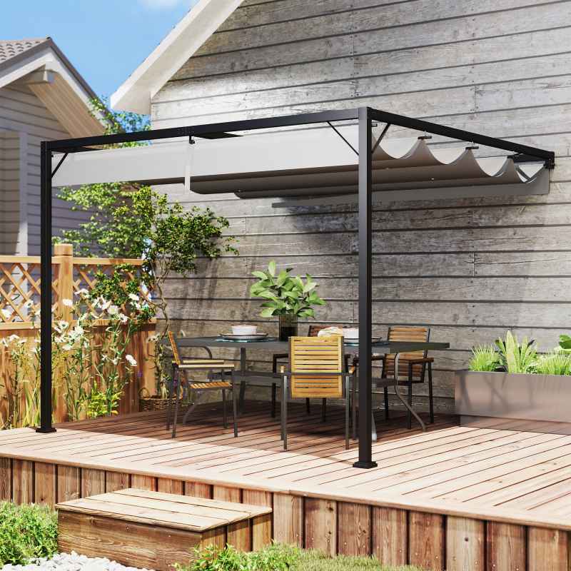Outsunny 3 x 3(m) Outdoor Lean To Pergola Retractable Canopy Wall Mounted Gazebo Patio Shelter Sun Shade, Grey