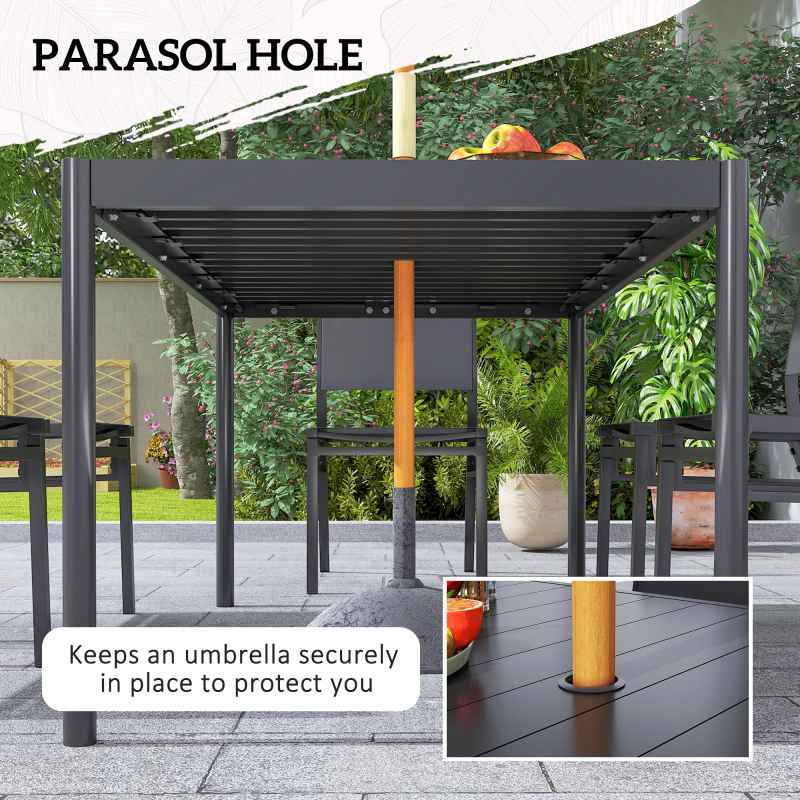 Outsunny 7 Piece Garden Dining Set, 6 Seater Garden Table and Chairs with Parasol Hole, Aluminium Top Table and Texteline Chairs, Outdoor Dining Furniture Set for Patio, Dark Grey