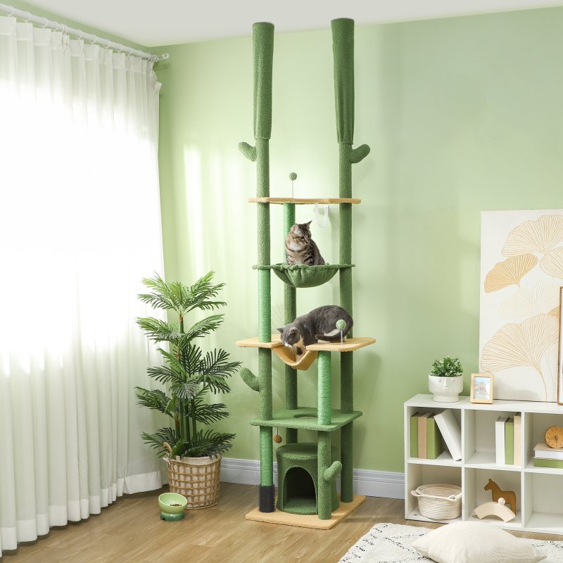 PawHut Floor to Ceiling Cat Tree, 225-255cm Adjustable Cat Tower Indoor, Multi-Level Activity Centre with Sisal Scratching Posts, Grooming Brush Post, Hammocks, Green