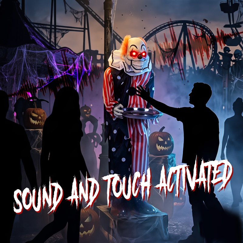 HOMCOM 36"/91 cm Animated Clown Halloween Decoration, Standing Halloween Animatronic with Sound and Touch Activation, Red Light-Up Eyes, Moving Mouth, Candy Tray