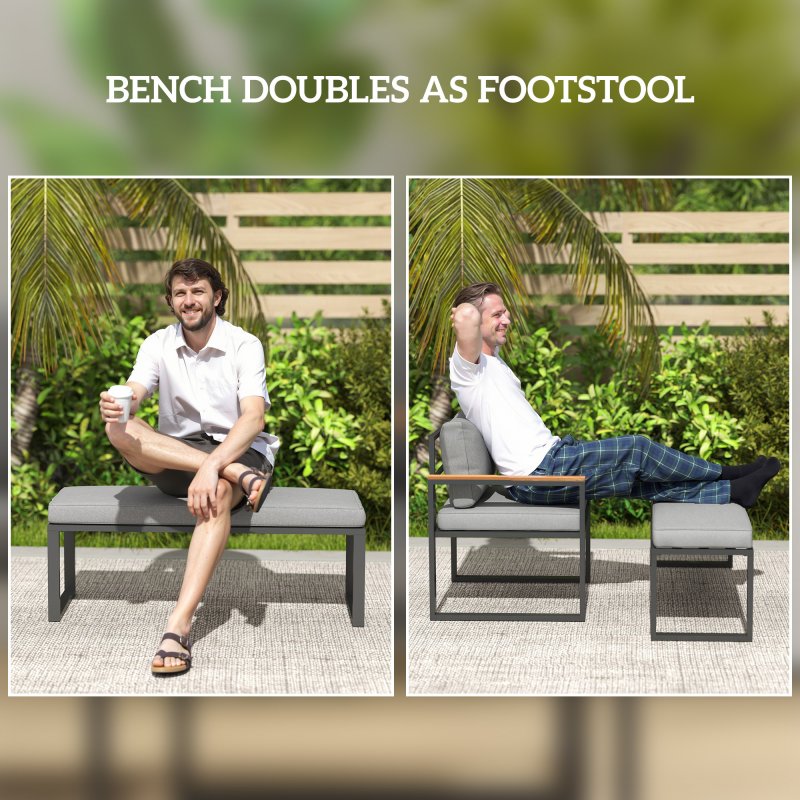 Outsunny 6 Piece L Shaped Garden Furniture Set, 9 Seater Outdoor Corner Sofa Set with 3 Loveseats, Bench, Chair, Wide and Deep Seats, WPC Top Coffee Table, Thick Cushions, Natural Wood Finish