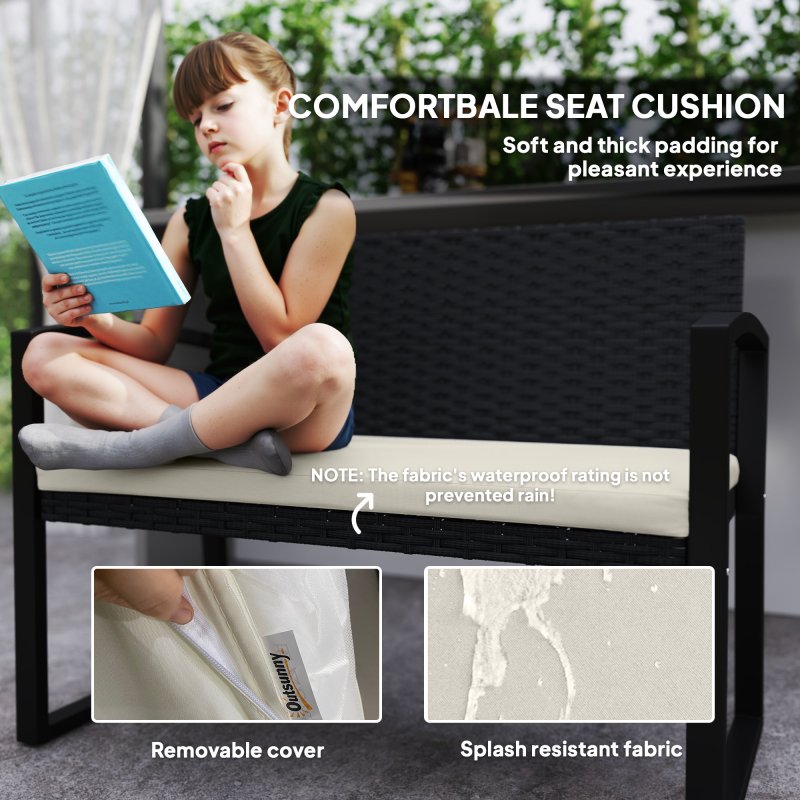 Outsunny 2 Seater Rattan Garden Bench, Outdoor Bench with Cushion, PE Wicker Garden Loveseat with Armrests, Galvanised Steel Frame for Patio, Park, Black