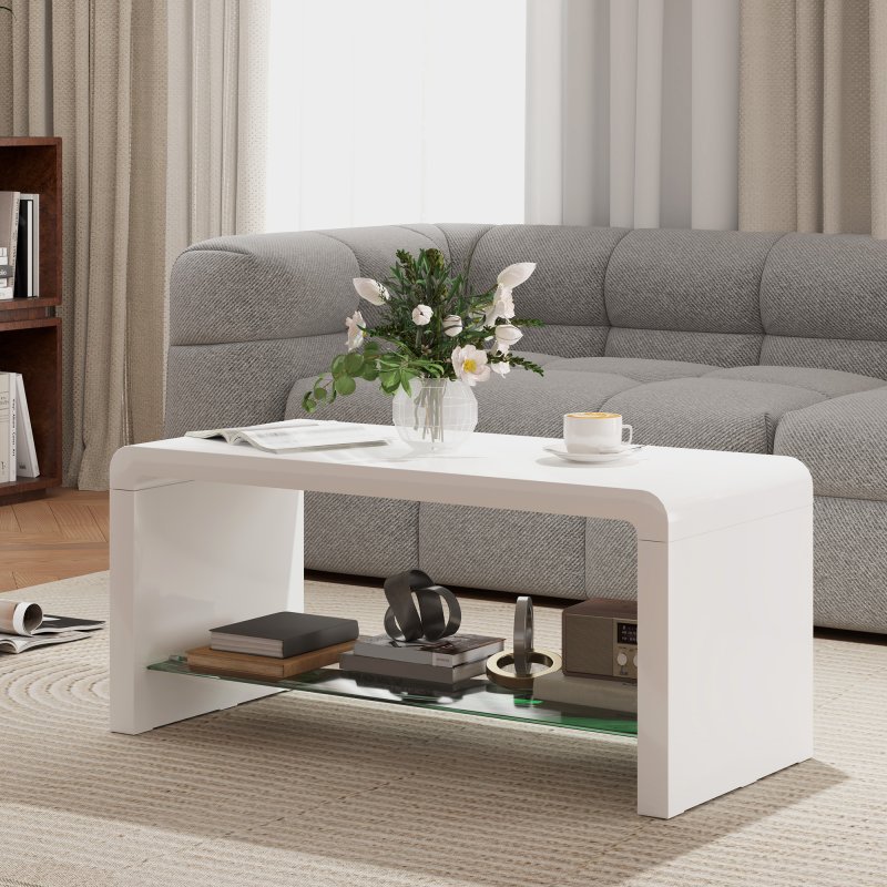 HOMCOM High Gloss Coffee Table with Storage, Two-Tier Living Room Table with Glass Shelf, Modern Centre Table for Home Office, 100 x 45 x 45cm, High Gloss White