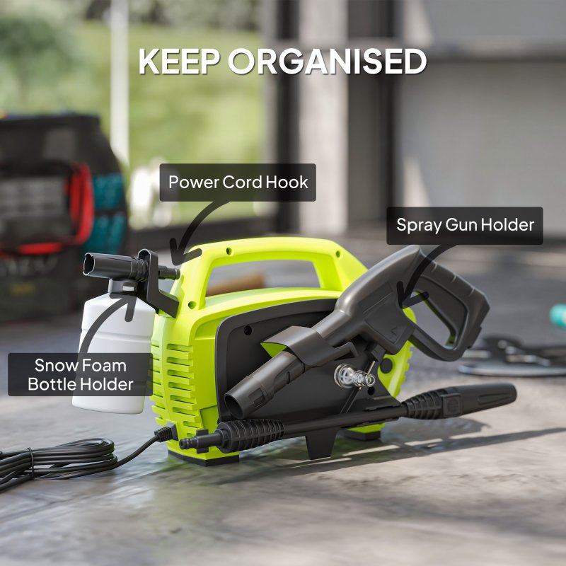 Outsunny 1600W High Pressure Washer, 130 Bar Pressure, 390 L/h Flow, Portable Power Washer Jet Wash Cleaner with Adjustable Nozzle, 6M Hose, Handle for Home Patio Car Driveway, Green