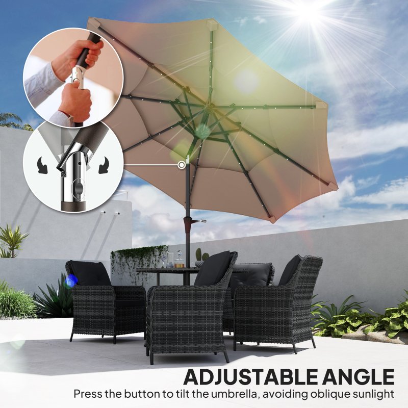 Outsunny 2.6 m Garden Parasol with Solar LED Lights, 3-Tier Patio Umbrella Outdoor with Tilt Mechanism & Crank Handle, UPF 30+, Table Umbrella for Market Terrace, Khaki