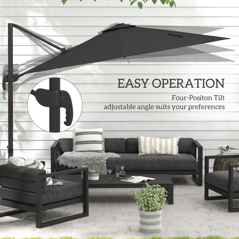 Outsunny 3(m) Cantilever Roma Parasol Adjustable Garden Sun Umbrella with LED Solar Light, Aluminium Frame, Tilt & Crank, UV50+, Cross Base Rotating Outdoor- Dark Grey