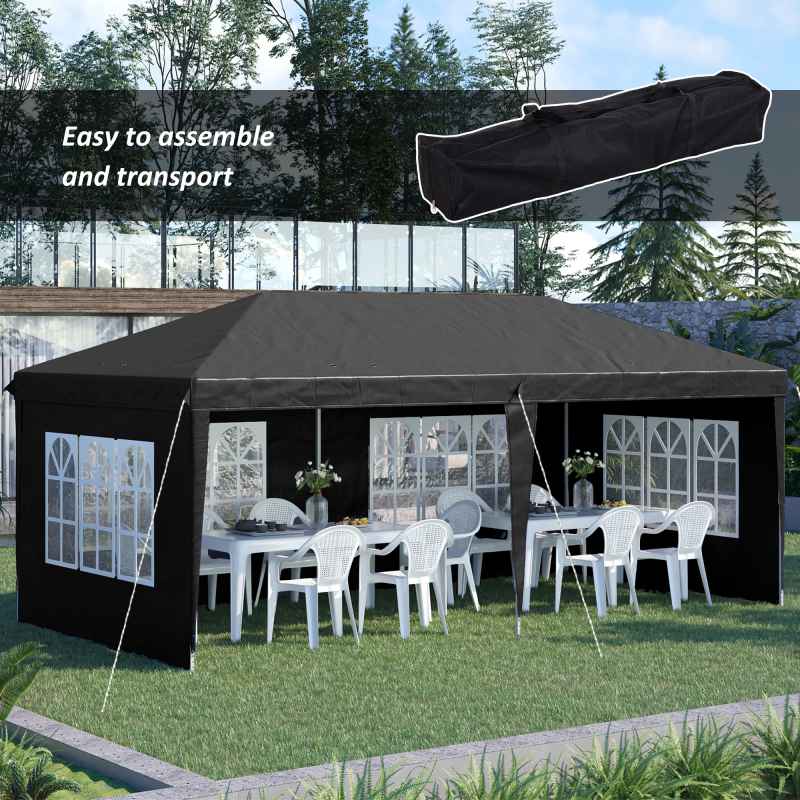 Outsunny 3 x 6m Garden Pop Up Gazebo, Height Adjustable Marquee Party Tent with Sidewalls, Storage Bag, Black