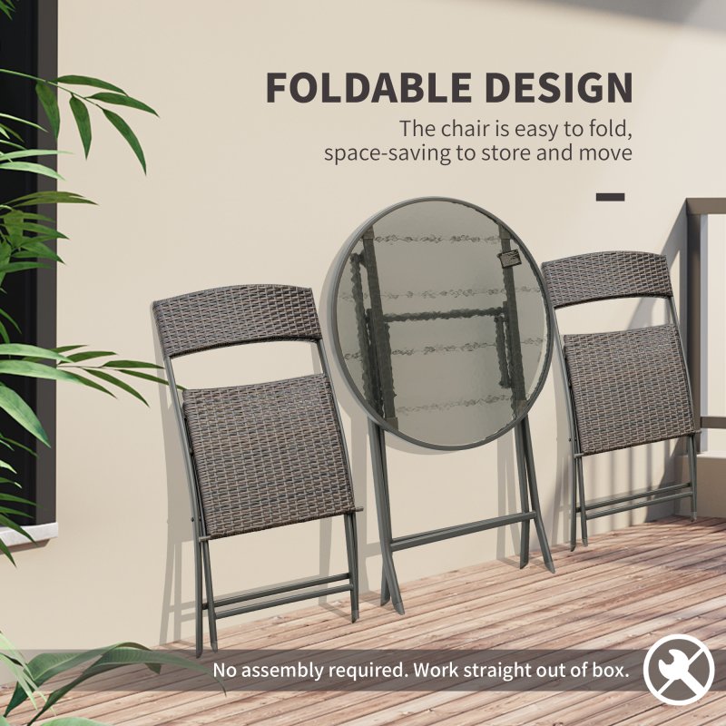 Outsunny 3 Pieces Rattan Bistro Set, Wicker Folding Garden Furniture Set with Round Glass Top Coffee Table and Chairs for Outdoor, Patio, Balcony, Brown