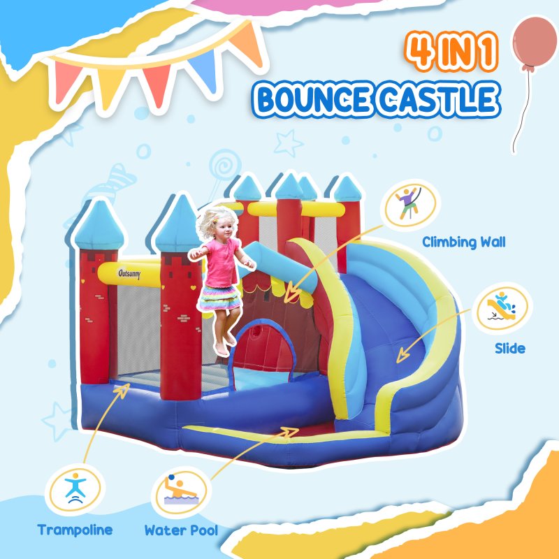 Outsunny 4 In 1 Kids Bouncy Castle, Large Inflatable House w/ Trampoline, Slide, Water Pool, Climbing Wall, Includes Blower, Bag, Ages 3-8 Years, 2.9 x 2.7 x 2.3m