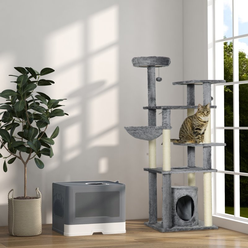 PawHut Cat Litter Tray with Hood Cat Litter Box with Brush, Front Entry, Top Exit, Removable Tray, Scoop, 48.5 x 38 x 36.5cm - Grey