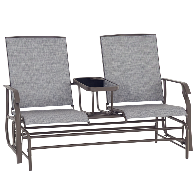 Outsunny 2 Seats Garden Glider Bench, Metal Frame Loveseat with Glass Top  Centre Table, Porch Rocking Glider for 2 Person, for Deck, Patio, Brown/ Grey
