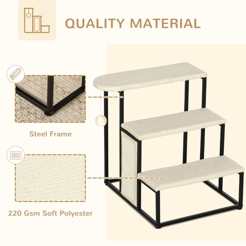 PawHut 3 Steps Dog Stairs, Pet Steps for Cat for Sofa and Bed with Sisal Scratching Board, Hanging Toy Ball, 47 x 45 x 47cm - Cream White