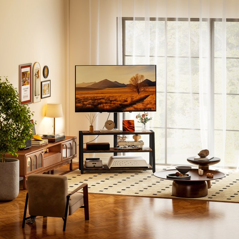 HOMCOM TV Stand Cabinet with Swivel Bracket for 32 - 65 Inch TVs, Industrial TV Cabinet with Open Shelves, Cable Management, Trapezoid-Shaped Steel Frame for Living Room, Bedroom, Rustic Brown