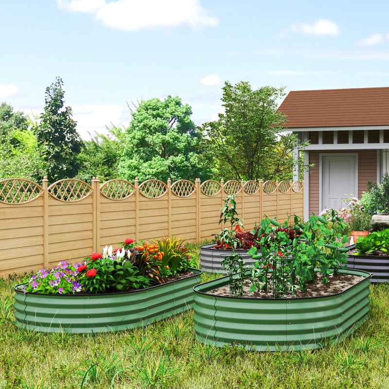 Outsunny Set of 2 Raised Beds for Garden, Outdoor Galvanised Planter Box with Plant Support Stakes, Rubber Strap Edging and Bottomless for Flower, Vegetable, 181 x 93 x 30 cm, Green