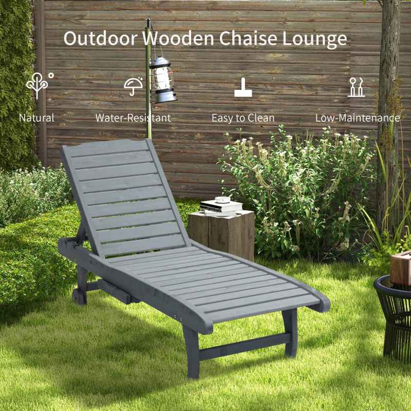 Outsunny Garden Patio Sun Lounger, Outdoor Wooden Sun Bed with Built-In Table, Reclining Backrest and Rolling Wheels for Sunbathing, Grey