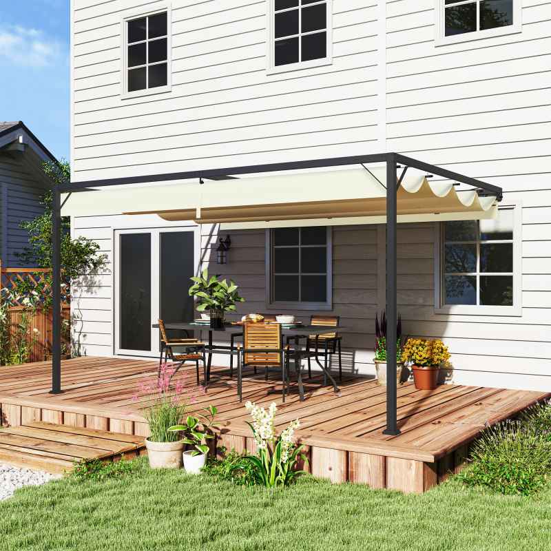 Outsunny 4 x 3(m) Outdoor Lean To Pergola Retractable Canopy Wall Mounted Gazebo Patio Shelter Sun Shade, Cream White