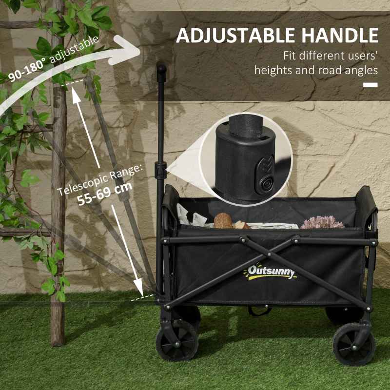 Outsunny 41L Festival Trolley on Wheels, Small Garden Folding Trolley Cart, 60kg Heavy Duty Collapsible Folding Wagon with Adjustable Handle and Carrying Bag for Beach, Camping, Festival, Black