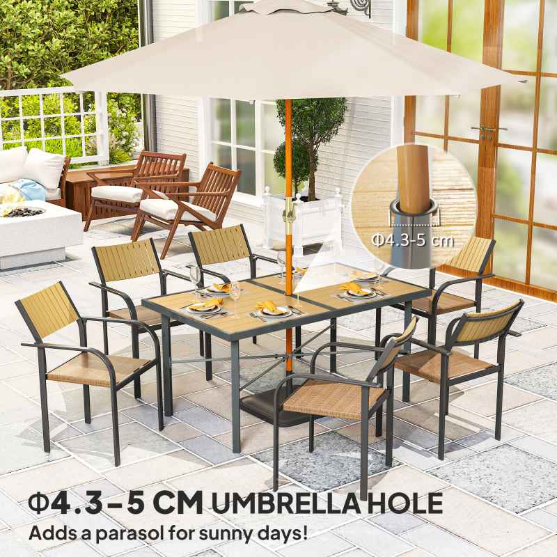 Outsunny Garden Table for 6, 150 cm Rectangular Outdoor Dining Table with 5 cm Umbrella Hole, Wood Effect Top, Rust Resistant Frame, for Patio, Balcony, Terrace, Natural Wood Finish