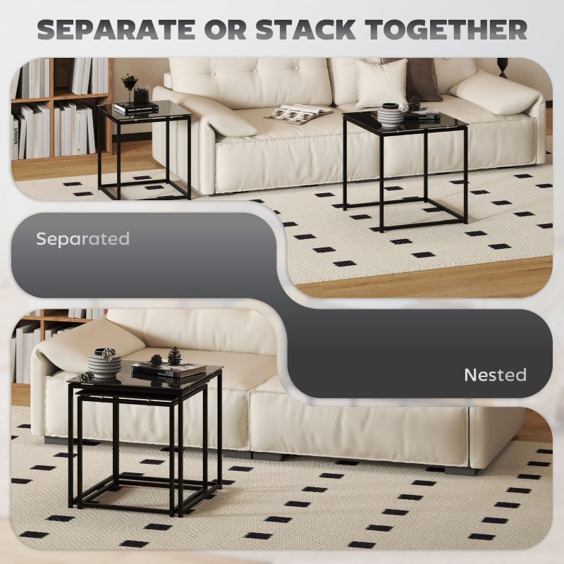 HOMCOM Nest of Tables, Set of 2 Coffee Table, Side Tables with Tempered Glass Desktop and Metal Frame for Living Room, Bedroom, Office