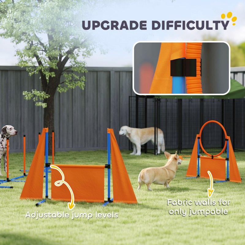 PawHut Dog Agility Equipment, 7-Piece Pet Agility Training Set with Weave Poles, Jump Ring, Hurdle, Pause Box, Bag, Obstacle Training Course Kit, Orange