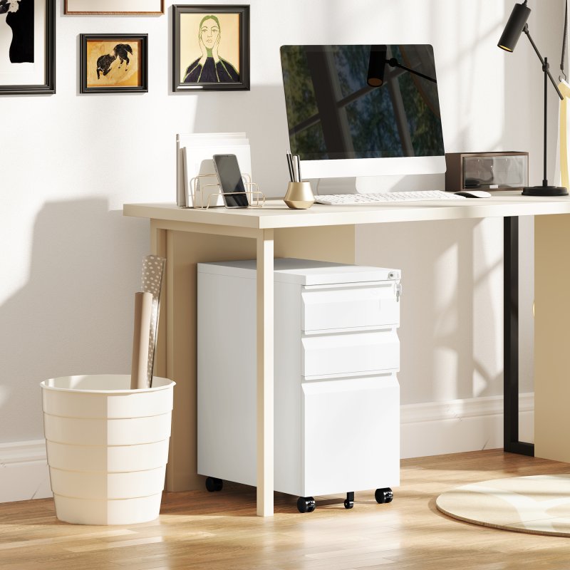 Vinsetto 3-Drawer Filing Cabinet with Lock, Mobile Steel File Cabinet for A4, Legal and Letter Size, Under Desk Drawers with Pre-Assembled Body for Home Office, 30 x 43.5 x 60 cm, White