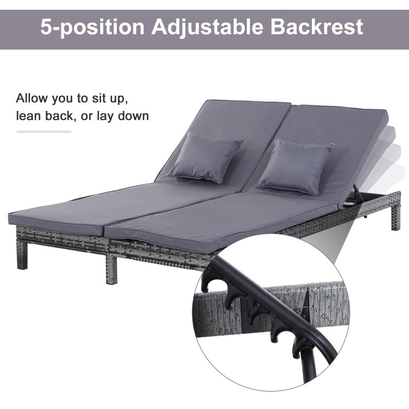 Outsunny Double Rattan Sun Lounger, Garden Daybed with 5-Level Adjustable Backrest, Outdoor Lounge Sunbed with Cushion and Pillows, 2 Seater Wicker Patio Furniture, Grey
