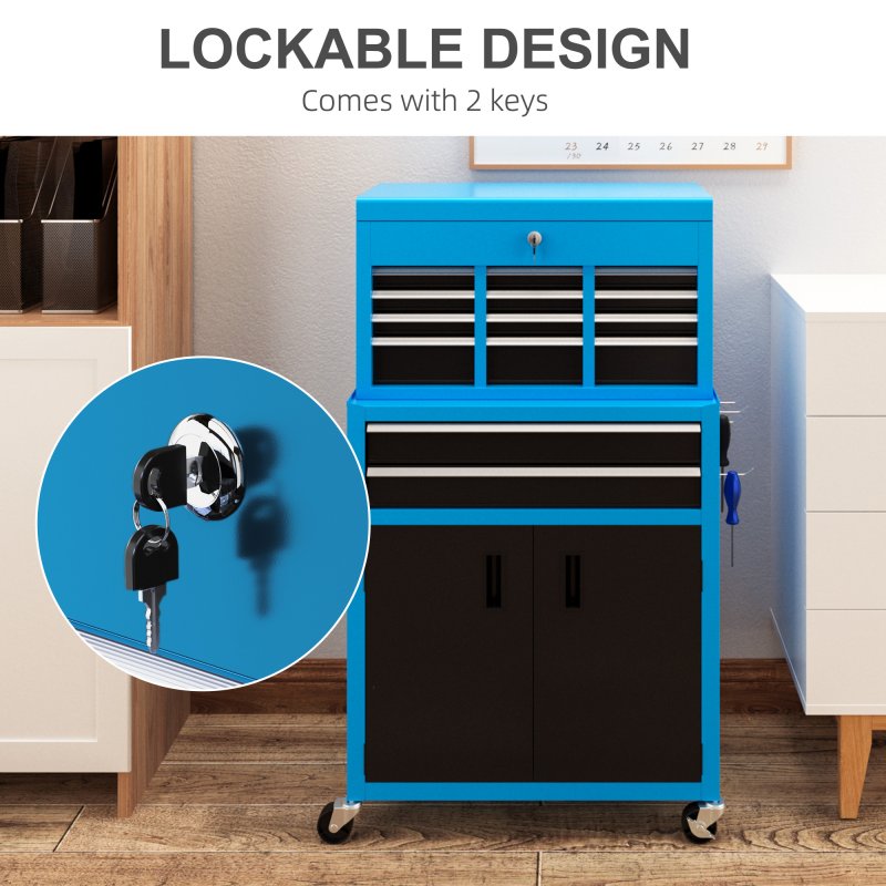 HOMCOM Tool Chest, Metal Tool Cabinet on Wheels with 6 Drawers, Pegboard, Top Chest and Roller Cabinet Combo, 61.6 x 33 x 108cm, Blue