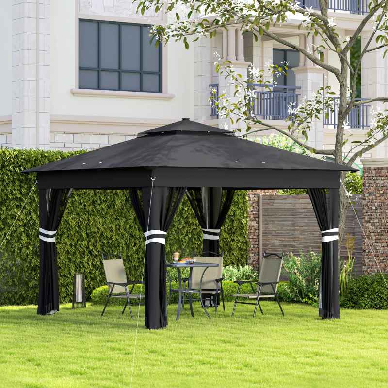 Outsunny 3 x 3(m) Pop Up Gazebo with Sides, 20 Solar-Powered LED Lights, Netting, Roller Bag, 4 Weight Bags, Marquee Party Tent, Height Adjustable Instant Event Shelter, Black
