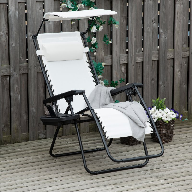 Outsunny Foldable Reclining Garden Chair with Headrest, Zero Gravity Deck Sun Lounger Seat Chair with Footrest, Armrest, Cup Holder & Canopy Shade, White